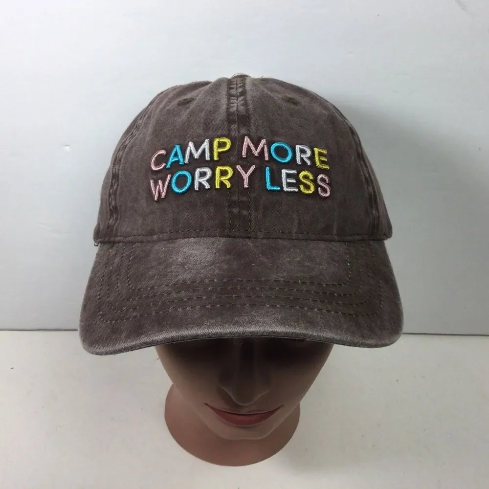 Khaki Brown‎ Distressed Hat Womens Camp More Worry Less  Baseball Cap StrapBack